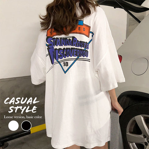 半袖Tシャツ レディース 夏 ロゴ 韓国 トップス ロング丈 ゆったり 着痩せ ルームウェア カジュアル 大人 体型カバー 99AAA-024