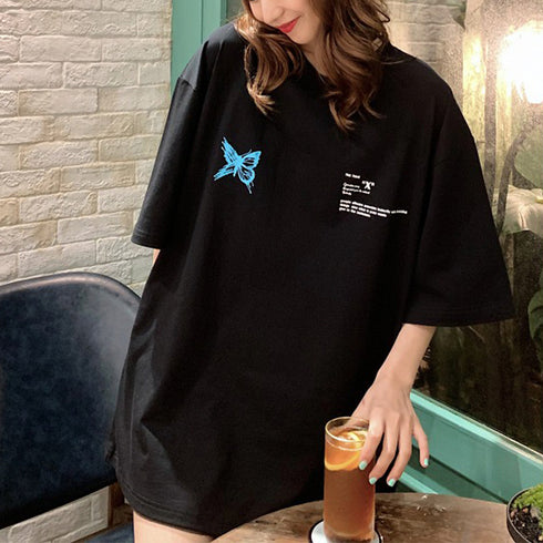 ロゴTシャツ レディース 韓国 春夏 トップス ルーズ 英字 ゆったり ロング ゆったり 着痩せ 体型カバー オルチャン 大人 99AAA-029