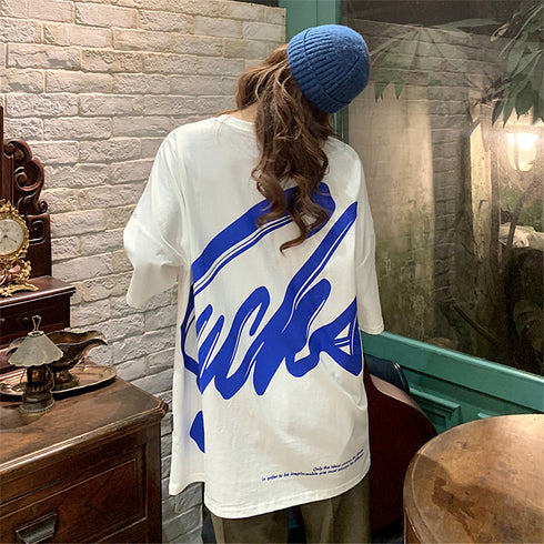 Tシャツ レディース 春夏 半袖 ロゴ トップス オルチャン ロング丈 ゆったり 着痩せ ルームウェア カジュアル 体型カバー 99AAA-030