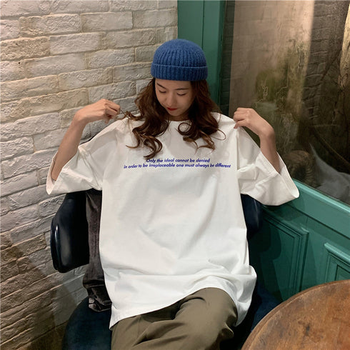 Tシャツ レディース 春夏 半袖 ロゴ トップス オルチャン ロング丈 ゆったり 着痩せ ルームウェア カジュアル 体型カバー 99AAA-030