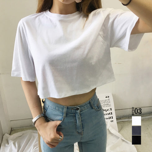 へそ出し トップス 韓国 着やせ へそ出し トップス 韓国 着やせ ゆったり 無地 セクシー 丸首 カジュアル 99AAA-031