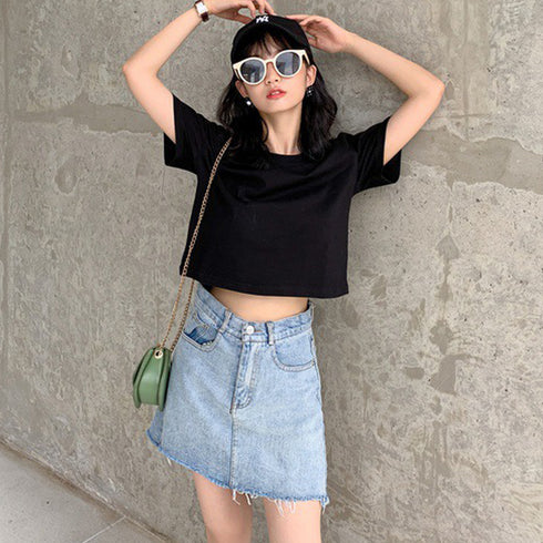へそ出し トップス 韓国 着やせ へそ出し トップス 韓国 着やせ ゆったり 無地 セクシー 丸首 カジュアル 99AAA-031