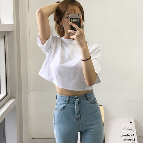 へそ出し トップス 韓国 着やせ へそ出し トップス 韓国 着やせ ゆったり 無地 セクシー 丸首 カジュアル 99AAA-031