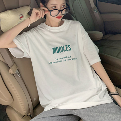 半袖Tシャツ レディース 韓国 英字ロゴ カットソー 春夏 オルチャン 人気 ロング ゆったり 着痩せ カジュアル ワンサイズ 99AAA-032