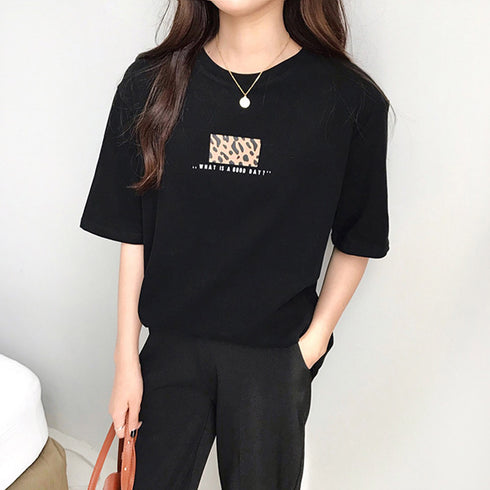 Tシャツ 半袖 レディーストップス 韓国 カットソー レオパード プリント 体型カバートップス フロントロゴt プルオーバー カジュアル おしゃれtシャツ 夏春秋 99AAA-049