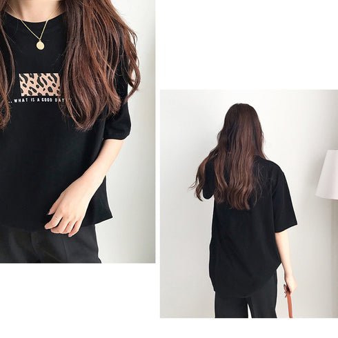 Tシャツ 半袖 レディーストップス 韓国 カットソー レオパード プリント 体型カバートップス フロントロゴt プルオーバー カジュアル おしゃれtシャツ 夏春秋 99AAA-049