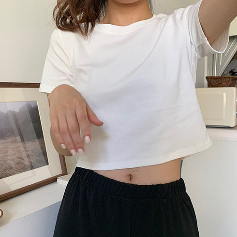 ショート丈tシャツ へそ出し 8色 夏 ショートトップス レディース カラー 無地 ミニ丈 大人気 シンプル カジュアル クルーネック オルチャン 細見え 99AC-002