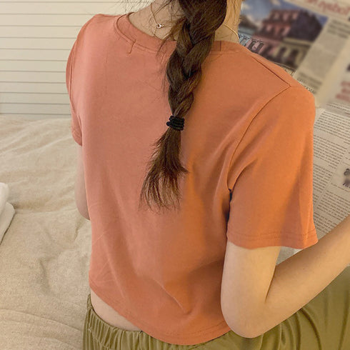 ショート丈tシャツ へそ出し 8色 夏 ショートトップス レディース カラー 無地 ミニ丈 大人気 シンプル カジュアル クルーネック オルチャン 細見え 99AC-002
