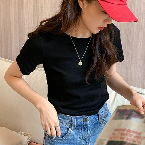 ショート丈tシャツ へそ出し 8色 夏 ショートトップス レディース カラー 無地 ミニ丈 大人気 シンプル カジュアル クルーネック オルチャン 細見え 99AC-002