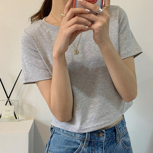 ショート丈tシャツ へそ出し 8色 夏 ショートトップス レディース カラー 無地 ミニ丈 大人気 シンプル カジュアル クルーネック オルチャン 細見え 99AC-002