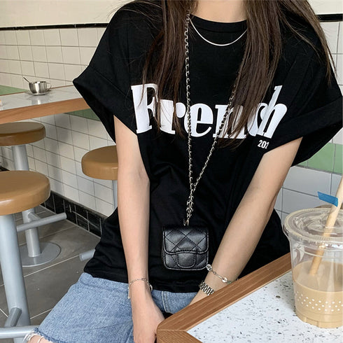 フレンチスリーブ 英字ロゴTシャツ 韓国 レディース プリントTシャツ 半袖 カットソー クルーネック おしゃれ カジュアル おしゃれ ストリート ダンス衣装 99AC-009