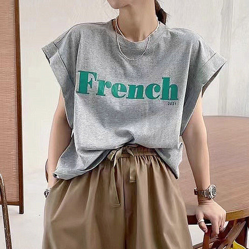 フレンチスリーブ 英字ロゴTシャツ 韓国 レディース プリントTシャツ 半袖 カットソー クルーネック おしゃれ カジュアル おしゃれ ストリート ダンス衣装 99AC-009