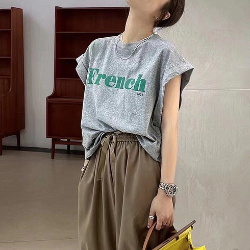 フレンチスリーブ 英字ロゴTシャツ 韓国 レディース プリントTシャツ 半袖 カットソー クルーネック おしゃれ カジュアル おしゃれ ストリート ダンス衣装 99AC-009