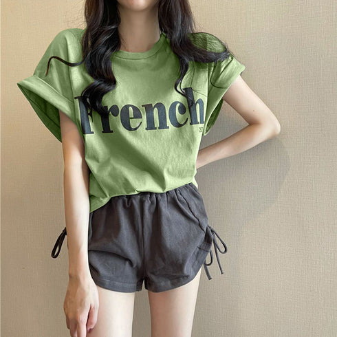 フレンチスリーブ 英字ロゴTシャツ 韓国 レディース プリントTシャツ 半袖 カットソー クルーネック おしゃれ カジュアル おしゃれ ストリート ダンス衣装 99AC-009