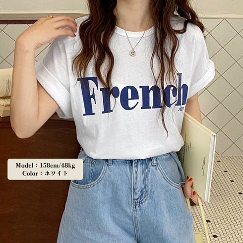 フレンチスリーブ 英字ロゴTシャツ 韓国 レディース プリントTシャツ 半袖 カットソー クルーネック おしゃれ カジュアル おしゃれ ストリート ダンス衣装 99AC-009