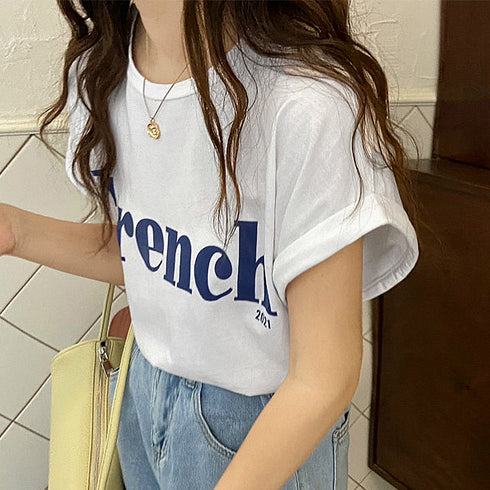 フレンチスリーブ 英字ロゴTシャツ 韓国 レディース プリントTシャツ 半袖 カットソー クルーネック おしゃれ カジュアル おしゃれ ストリート ダンス衣装 99AC-009