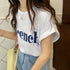 フレンチスリーブ 英字ロゴTシャツ 韓国 レディース プリントTシャツ 半袖 カットソー クルーネック おしゃれ カジュアル おしゃれ ストリート ダンス衣装 99AC-009