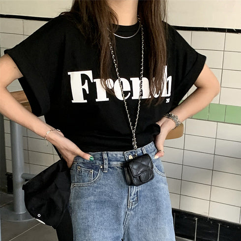 フレンチスリーブ 英字ロゴTシャツ 韓国 レディース プリントTシャツ 半袖 カットソー クルーネック おしゃれ カジュアル おしゃれ ストリート ダンス衣装 99AC-009