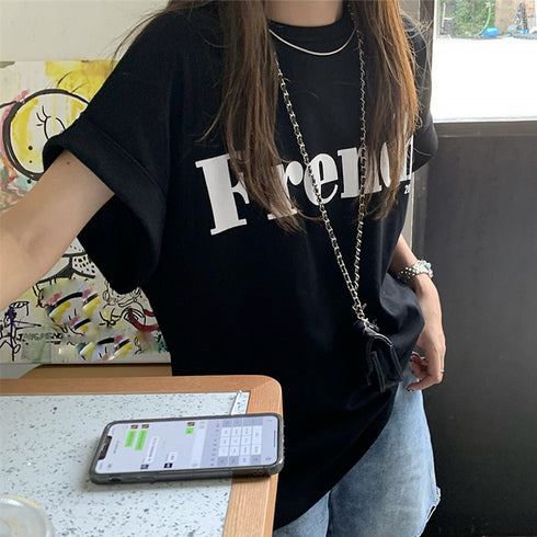 フレンチスリーブ 英字ロゴTシャツ 韓国 レディース プリントTシャツ 半袖 カットソー クルーネック おしゃれ カジュアル おしゃれ ストリート ダンス衣装 99AC-009