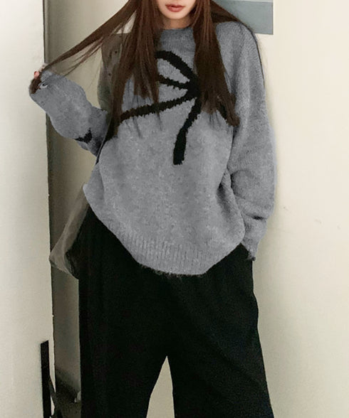 リボン柄ニット セーター プルオーバー レディーストップス 韓国風 春秋冬 柔らかい 体型カバー きれいめ 着回し おしゃれ 通勤通学 大人可愛い 女子会 99BDFS-006