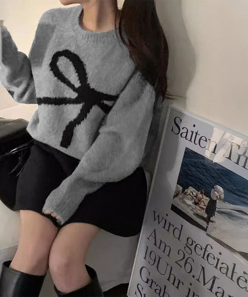 リボン柄ニット セーター プルオーバー レディーストップス 韓国風 春秋冬 柔らかい 体型カバー きれいめ 着回し おしゃれ 通勤通学 大人可愛い 女子会 99BDFS-006