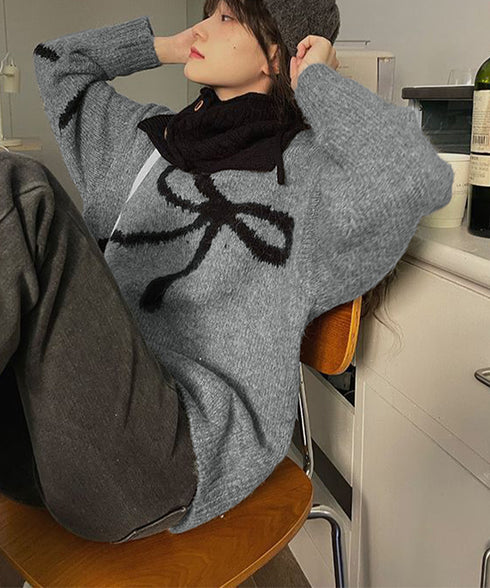 リボン柄ニット セーター プルオーバー レディーストップス 韓国風 春秋冬 柔らかい 体型カバー きれいめ 着回し おしゃれ 通勤通学 大人可愛い 女子会 99BDFS-006