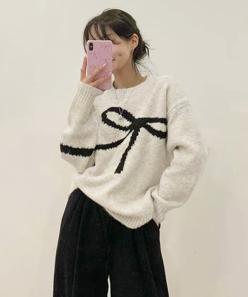 リボン柄ニット セーター プルオーバー レディーストップス 韓国風 春秋冬 柔らかい 体型カバー きれいめ 着回し おしゃれ 通勤通学 大人可愛い 女子会 99BDFS-006