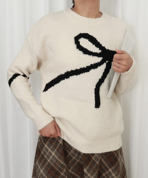 リボン柄ニット セーター プルオーバー レディーストップス 韓国風 春秋冬 柔らかい 体型カバー きれいめ 着回し おしゃれ 通勤通学 大人可愛い 女子会 99BDFS-006