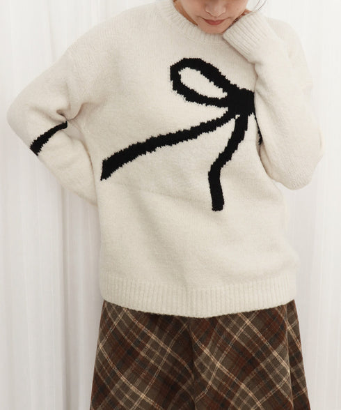 リボン柄ニット セーター プルオーバー レディーストップス 韓国風 春秋冬 柔らかい 体型カバー きれいめ 着回し おしゃれ 通勤通学 大人可愛い 女子会 99BDFS-006