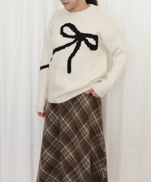 リボン柄ニット セーター プルオーバー レディーストップス 韓国風 春秋冬 柔らかい 体型カバー きれいめ 着回し おしゃれ 通勤通学 大人可愛い 女子会 99BDFS-006