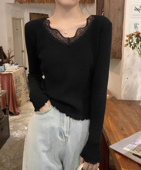 ニットトップス レディース レース付き ニットソー 無地ニット ニットセーター ニットインナー Vネック フリル 柔らかい 着回し カジュアル 大人 可愛い 99BDFS-007