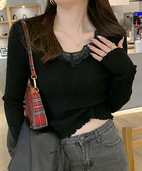 ニットトップス レディース レース付き ニットソー 無地ニット ニットセーター ニットインナー Vネック フリル 柔らかい 着回し カジュアル 大人 可愛い 99BDFS-007