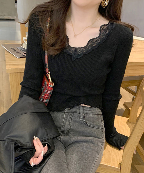 ニットトップス レディース レース付き ニットソー 無地ニット ニットセーター ニットインナー Vネック フリル 柔らかい 着回し カジュアル 大人 可愛い 99BDFS-007