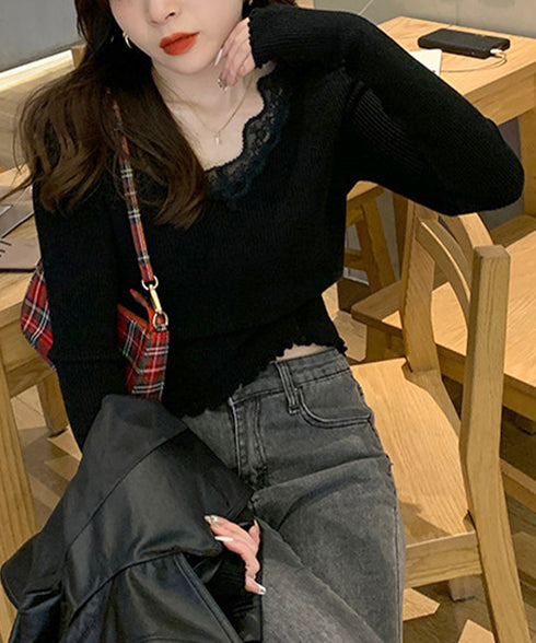 ニットトップス レディース レース付き ニットソー 無地ニット ニットセーター ニットインナー Vネック フリル 柔らかい 着回し カジュアル 大人 可愛い 99BDFS-007