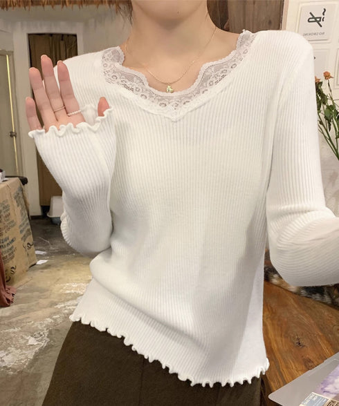 ニットトップス レディース レース付き ニットソー 無地ニット ニットセーター ニットインナー Vネック フリル 柔らかい 着回し カジュアル 大人 可愛い 99BDFS-007
