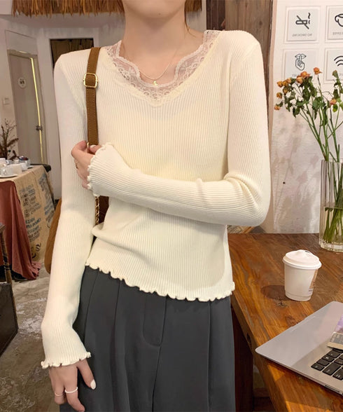 ニットトップス レディース レース付き ニットソー 無地ニット ニットセーター ニットインナー Vネック フリル 柔らかい 着回し カジュアル 大人 可愛い 99BDFS-007