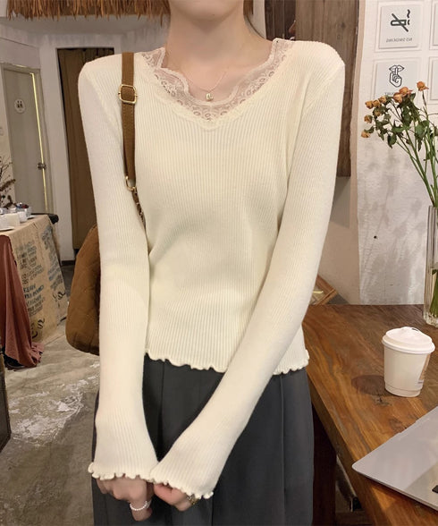 ニットトップス レディース レース付き ニットソー 無地ニット ニットセーター ニットインナー Vネック フリル 柔らかい 着回し カジュアル 大人 可愛い 99BDFS-007