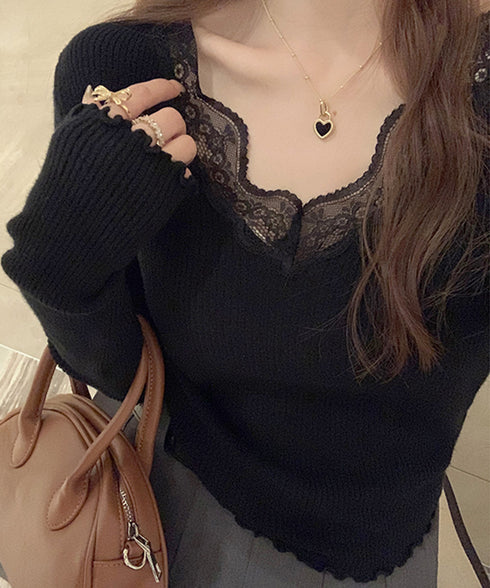 ニットトップス レディース レース付き ニットソー 無地ニット ニットセーター ニットインナー Vネック フリル 柔らかい 着回し カジュアル 大人 可愛い 99BDFS-007