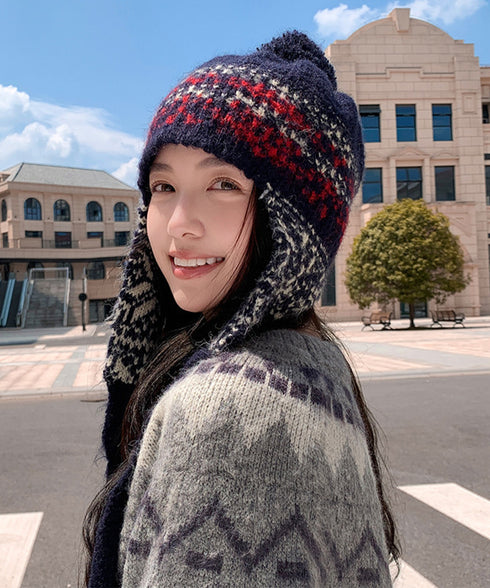 ニット帽子 レディース 配色 紐付き ニットキャップ 小顔 折り畳み 秋冬 カジュアル 可愛い あったか 暖かい お出掛け アウトドア 旅行 99BGMY-001