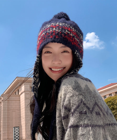 ニット帽子 レディース 配色 紐付き ニットキャップ 小顔 折り畳み 秋冬 カジュアル 可愛い あったか 暖かい お出掛け アウトドア 旅行 99BGMY-001