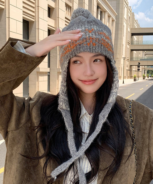 ニット帽子 レディース 配色 紐付き ニットキャップ 小顔 折り畳み 秋冬 カジュアル 可愛い あったか 暖かい お出掛け アウトドア 旅行 99BGMY-001