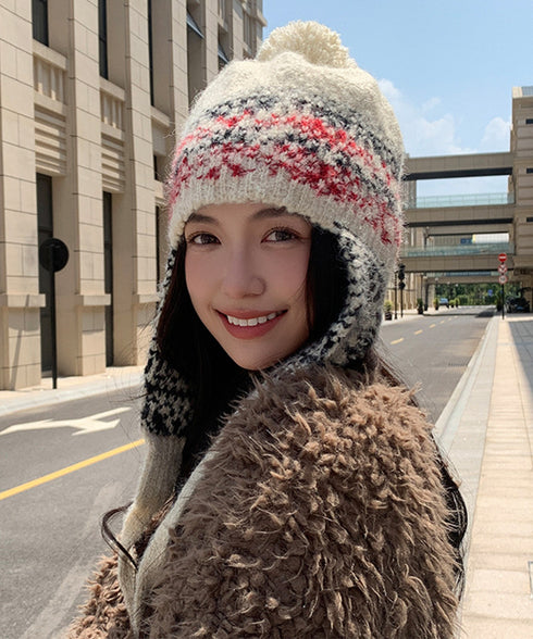 ニット帽子 レディース 配色 紐付き ニットキャップ 小顔 折り畳み 秋冬 カジュアル 可愛い あったか 暖かい お出掛け アウトドア 旅行 99BGMY-001