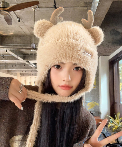 ニット帽 鹿角 くま耳 レディース 秋冬 あったかぼうし 無地 小顔 折り畳み カジュアル 可愛い あったか 暖かい お出掛け アウトドア 旅行 防寒対策 99BJMY-003