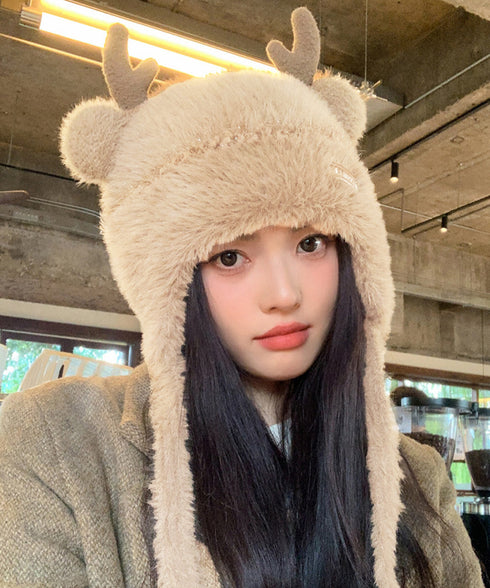 ニット帽 鹿角 くま耳 レディース 秋冬 あったかぼうし 無地 小顔 折り畳み カジュアル 可愛い あったか 暖かい お出掛け アウトドア 旅行 防寒対策 99BJMY-003