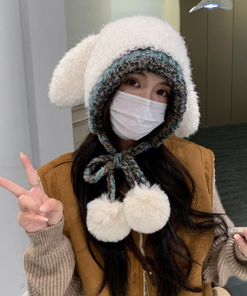 うさぎ耳ニット帽 配色 レディース 小顔 暖かい編み帽子 耳付き 紐付き帽子 折りたたみ カジュアル おしゃれ 可愛い 人気 お出掛け アウトドア 旅行 99BJMY-005