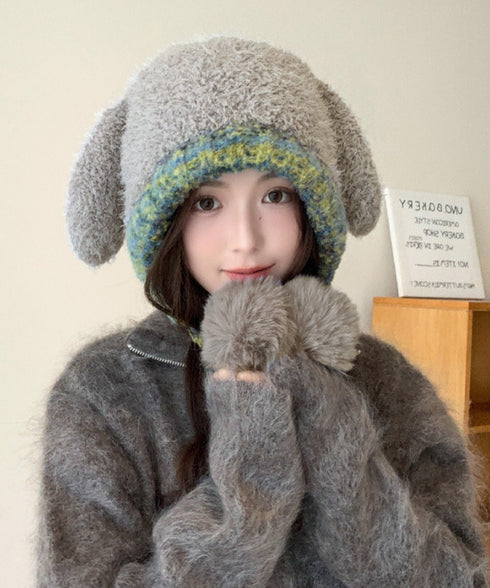 うさぎ耳ニット帽 配色 レディース 小顔 暖かい編み帽子 耳付き 紐付き帽子 折りたたみ カジュアル おしゃれ 可愛い 人気 お出掛け アウトドア 旅行 99BJMY-005