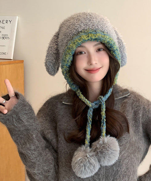 うさぎ耳ニット帽 配色 レディース 小顔 暖かい編み帽子 耳付き 紐付き帽子 折りたたみ カジュアル おしゃれ 可愛い 人気 お出掛け アウトドア 旅行 99BJMY-005