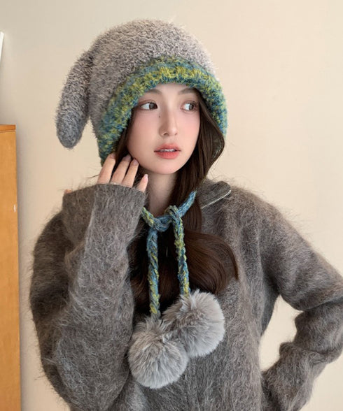 うさぎ耳ニット帽 配色 レディース 小顔 暖かい編み帽子 耳付き 紐付き帽子 折りたたみ カジュアル おしゃれ 可愛い 人気 お出掛け アウトドア 旅行 99BJMY-005
