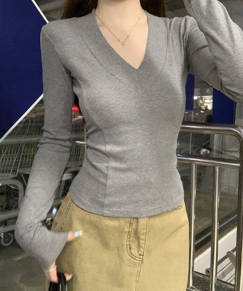 Vネック 長袖Tシャツ 韓国風カットソー レディーストップス 無地 セクシー シンプル スリムフィット 伸縮性 着やせ オフィスカジュアル 大人可愛い きれいめ 99BMFS-002