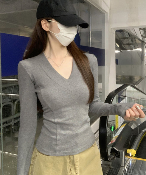 Vネック 長袖Tシャツ 韓国風カットソー レディーストップス 無地 セクシー シンプル スリムフィット 伸縮性 着やせ オフィスカジュアル 大人可愛い きれいめ 99BMFS-002
